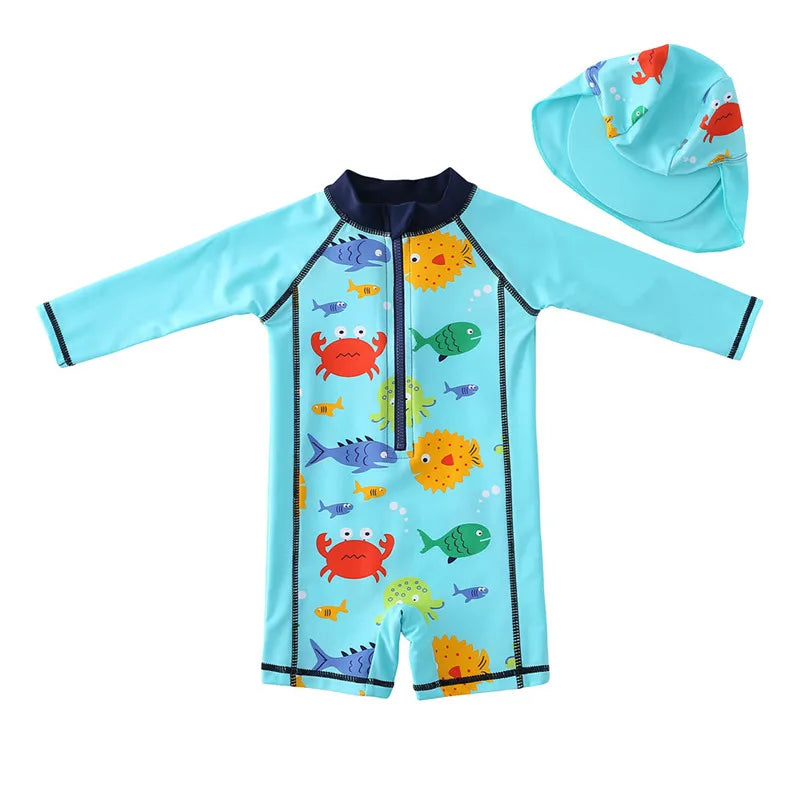 Baby Boy Swimsuit With Hat | UPF50+ Sun Protection Swimwear | Long Sleeve Beach & Pool Outfit
