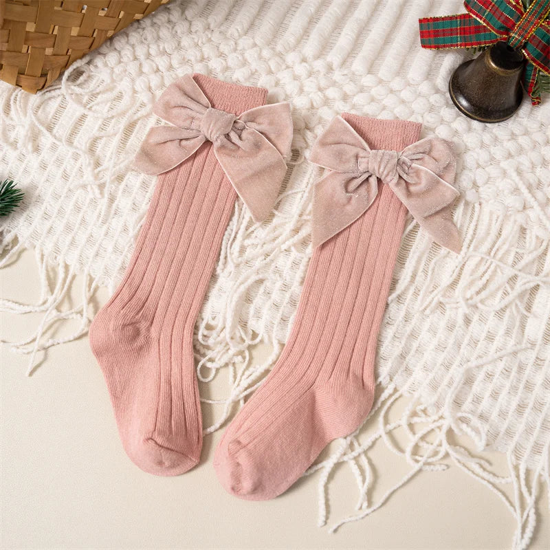 Velvet Bow Knee-High Socks for Baby Girls – Holiday & Everyday Outfit Accessory | MGK & Co