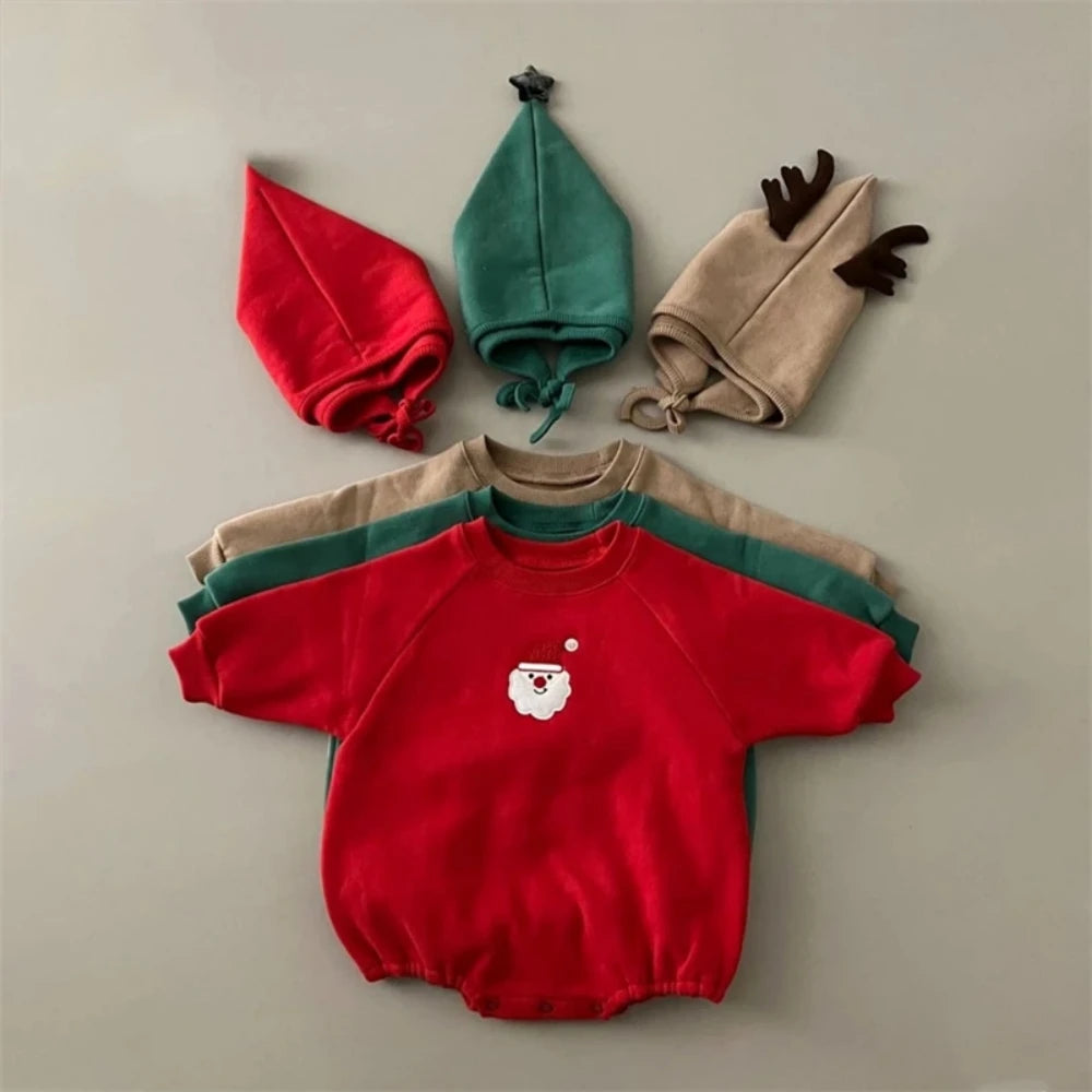 2025 Christmas Costumes Newborn Clothes Baby Romper+Hat Winter Cotton Embroidery Thicken Fleece Toddler Jumpsuit Infant Gift