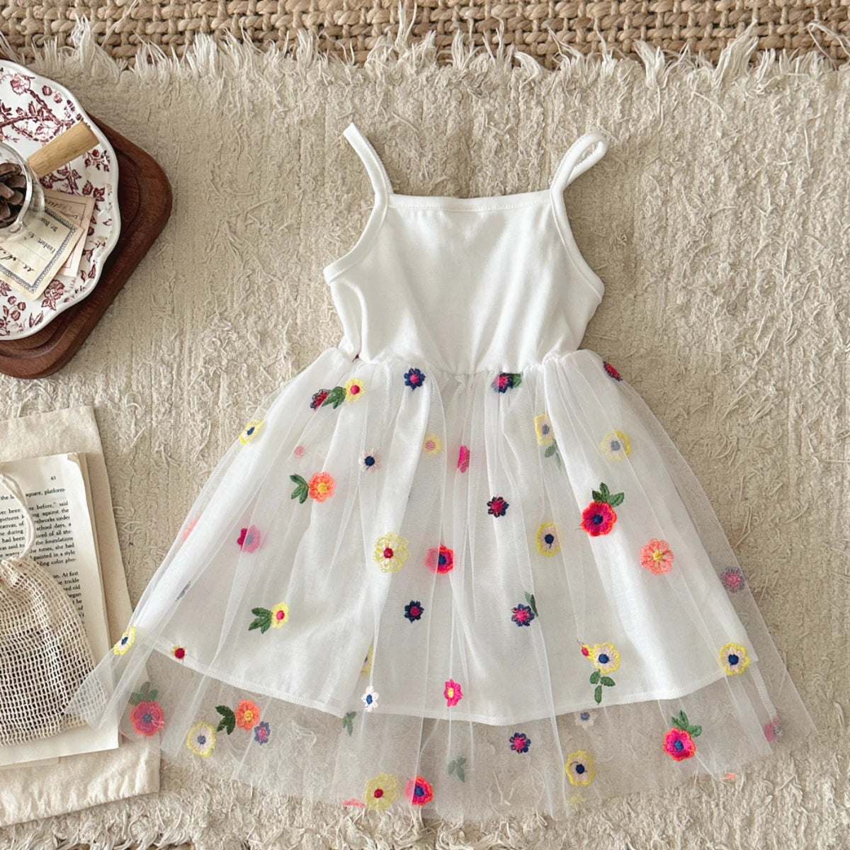 Baby Girl Floral Tulle Dress White | Embroidered Summer Party Outfit