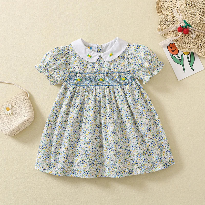 Baby Girl Floral Smocked Dress | Short Sleeve Peter Pan Collar Dress