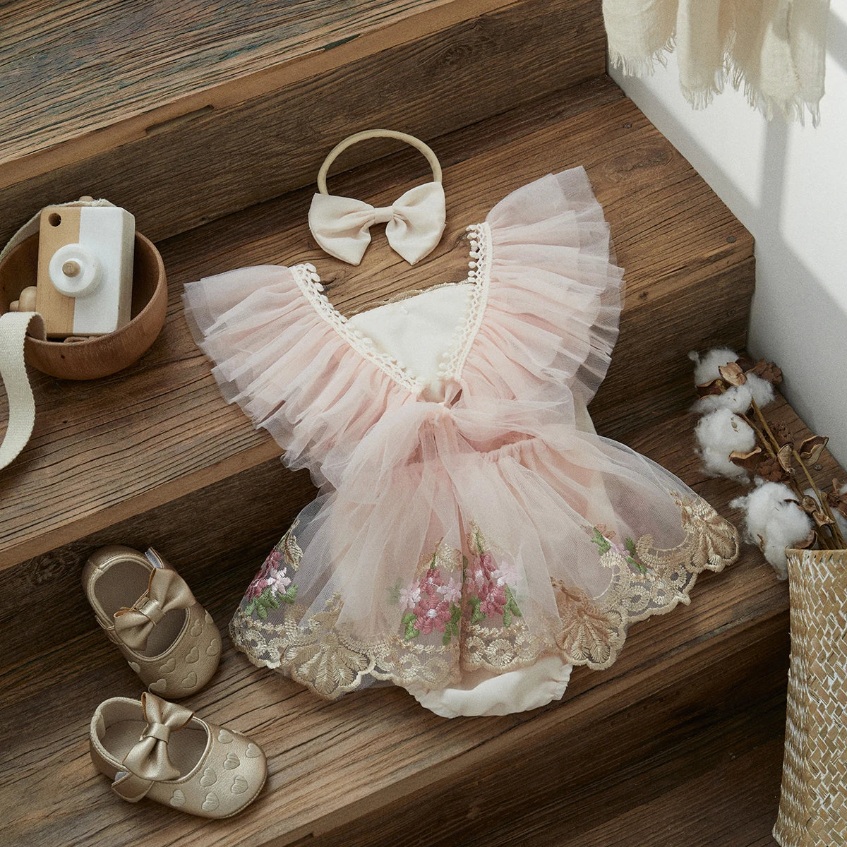 Baby Girl Princess Dress Romper | Lace Tulle Embroidery Outfit with Headband