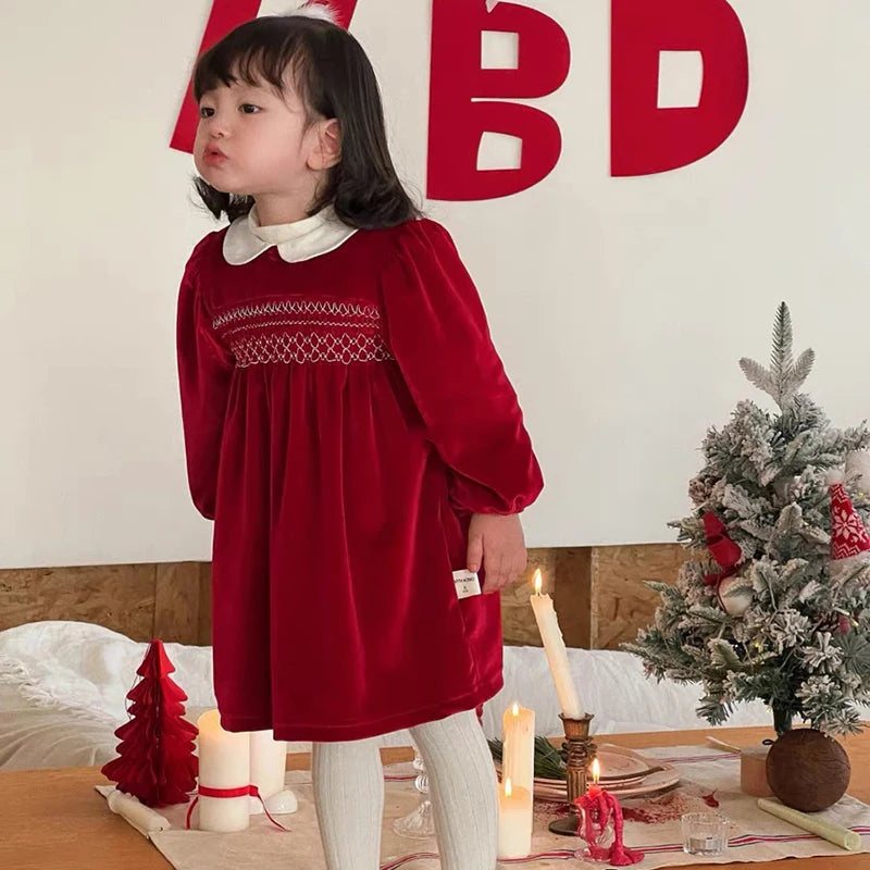 Christmas vintage Red Smocked Holiday Dress for Girls with White Collar | MGK & Co