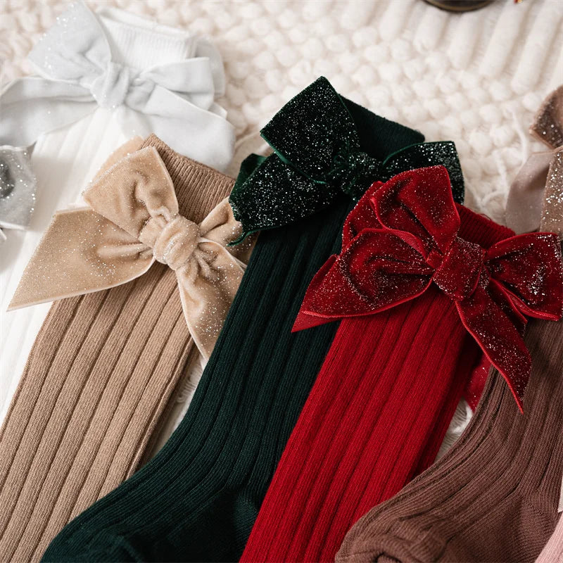 Velvet Bow Knee-High Socks for Baby Girls – Holiday & Everyday Outfit Accessory | MGK & Co