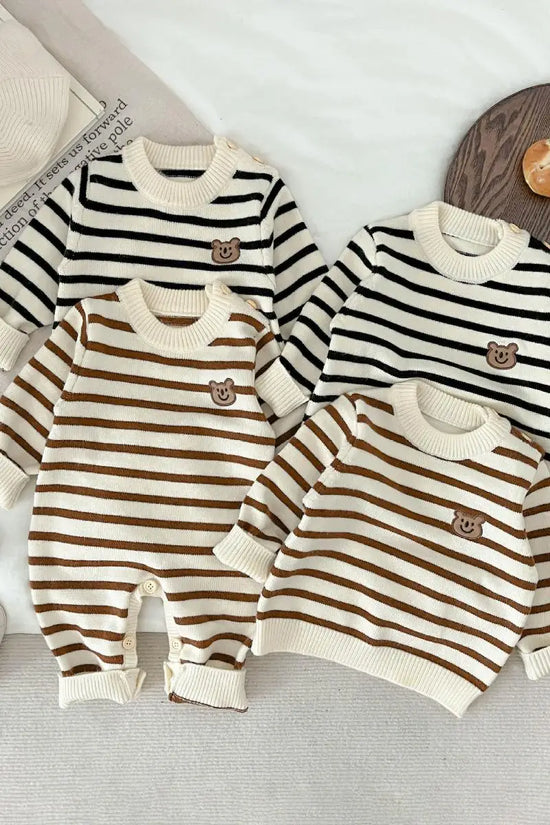 Baby striped embroidered teddy bear jumpsuit