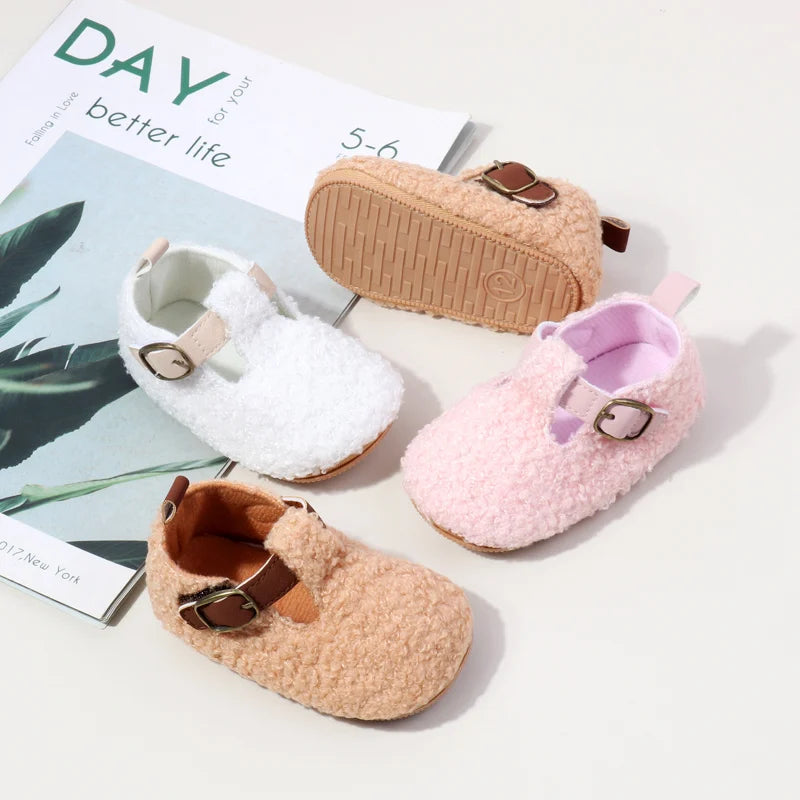 Baby Teddy Fleece Mary Jane Shoes – Soft Cozy Buckle Crib Shoes for Baby Girls