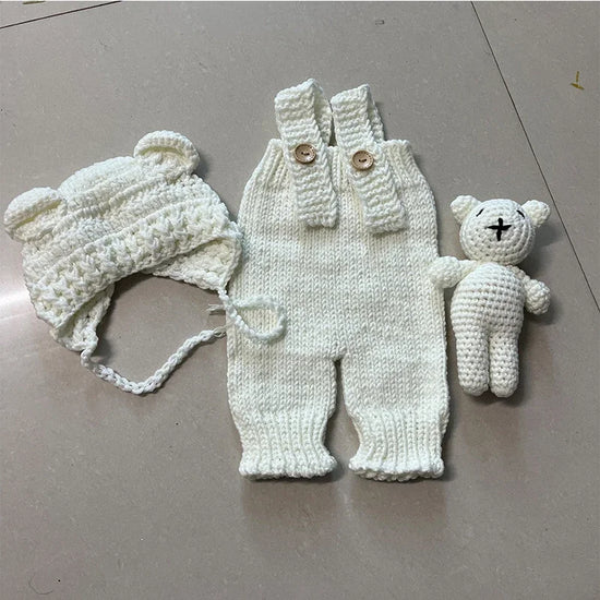 3pcs Newborn Photography Outfit | Knit Romper, Bear Hat & Teddy Set