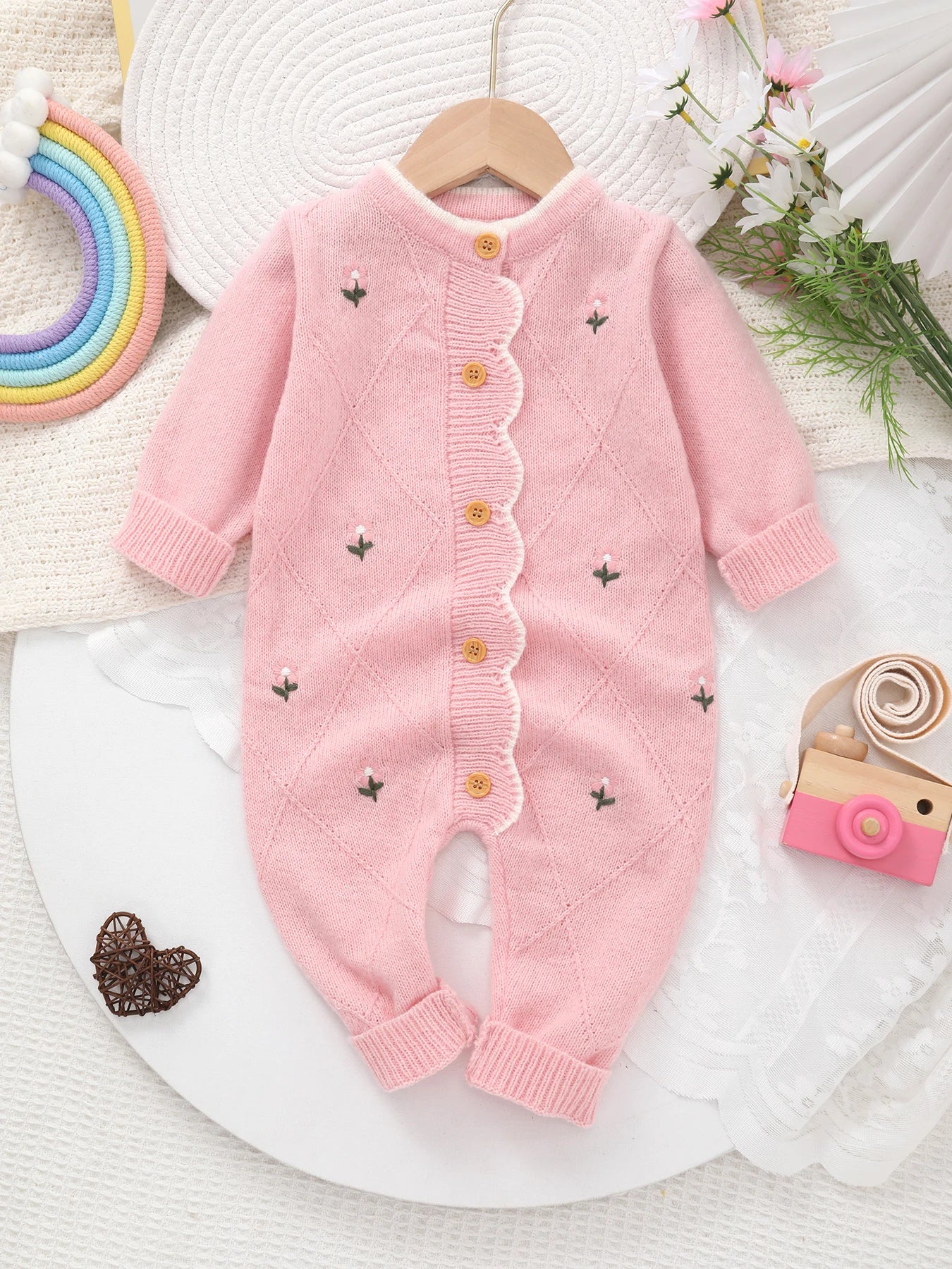 Baby Girl Knitted Jumpsuit | Floral Embroidery Footed Outfit
