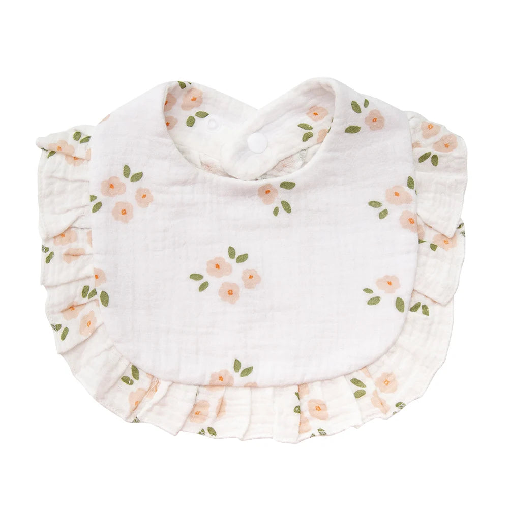 Ruffle Edge Baby Bib – Adjustable Snap Muslin Cotton Bib for Girls
