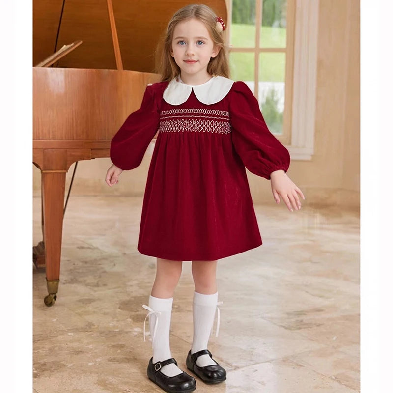 Christmas vintage Red Smocked Holiday Dress for Girls with White Collar | MGK & Co