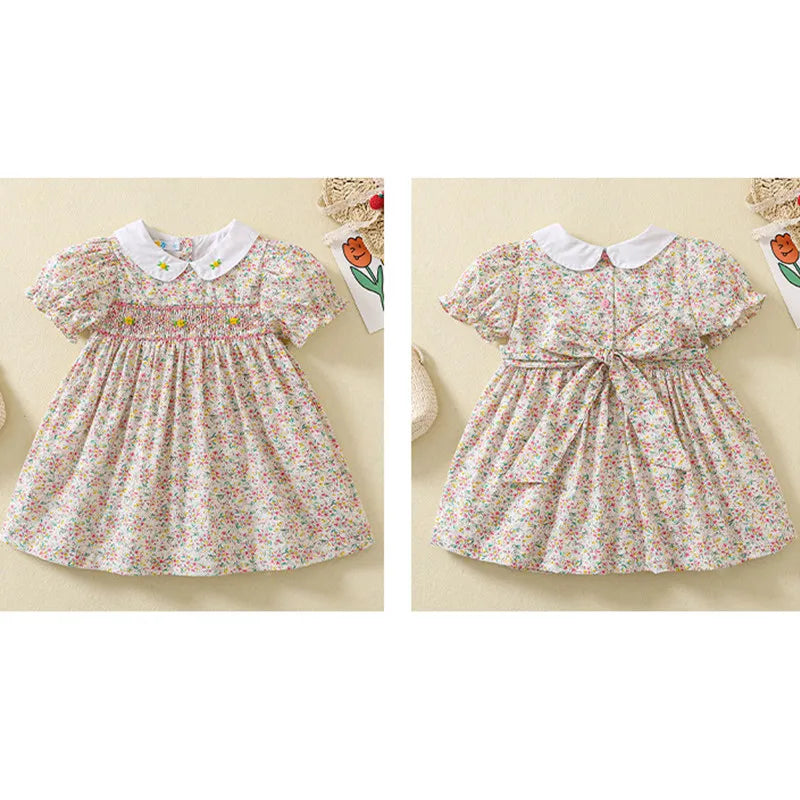Baby Girl Floral Smocked Dress | Short Sleeve Peter Pan Collar Dress