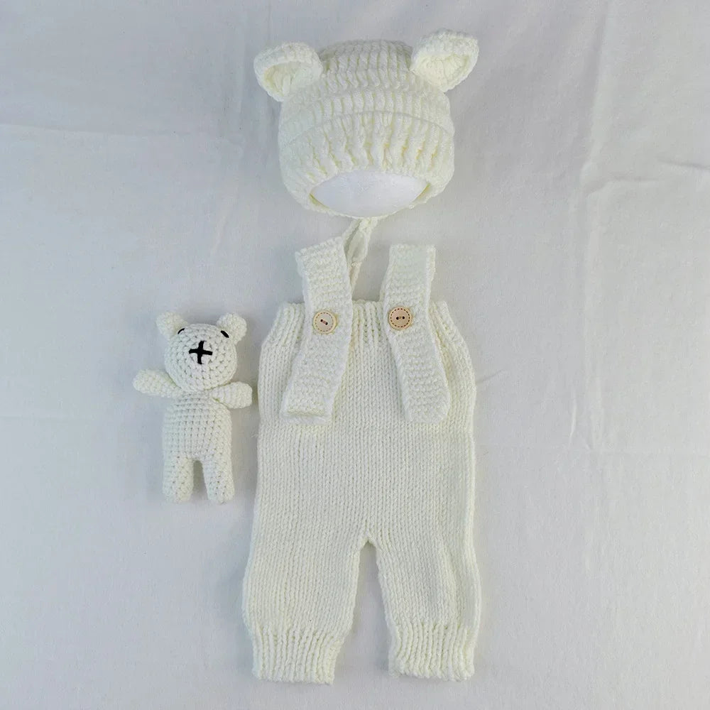3pcs Newborn Photography Outfit | Knit Romper, Bear Hat & Teddy Set