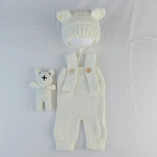 3pcs Newborn Photography Outfit | Knit Romper, Bear Hat & Teddy Set