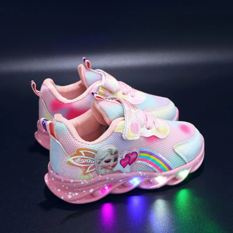 Princess LED Casual Sneakers Pink Purple For Spring Girls Princess Print Outdoor Shoes Children Lighted Non-slip Shoes