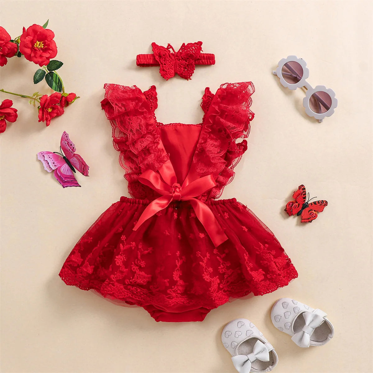 Baby Girl Butterfly Lace Romper & Headband Set