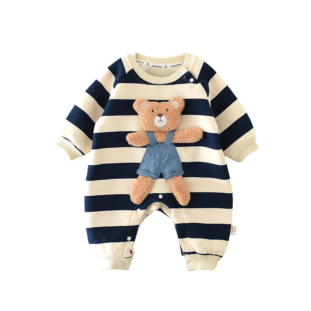 Popular Baby Rompers Thicken Lining Boys Clothes Striped Girls Jumpsuits Bear Outfit