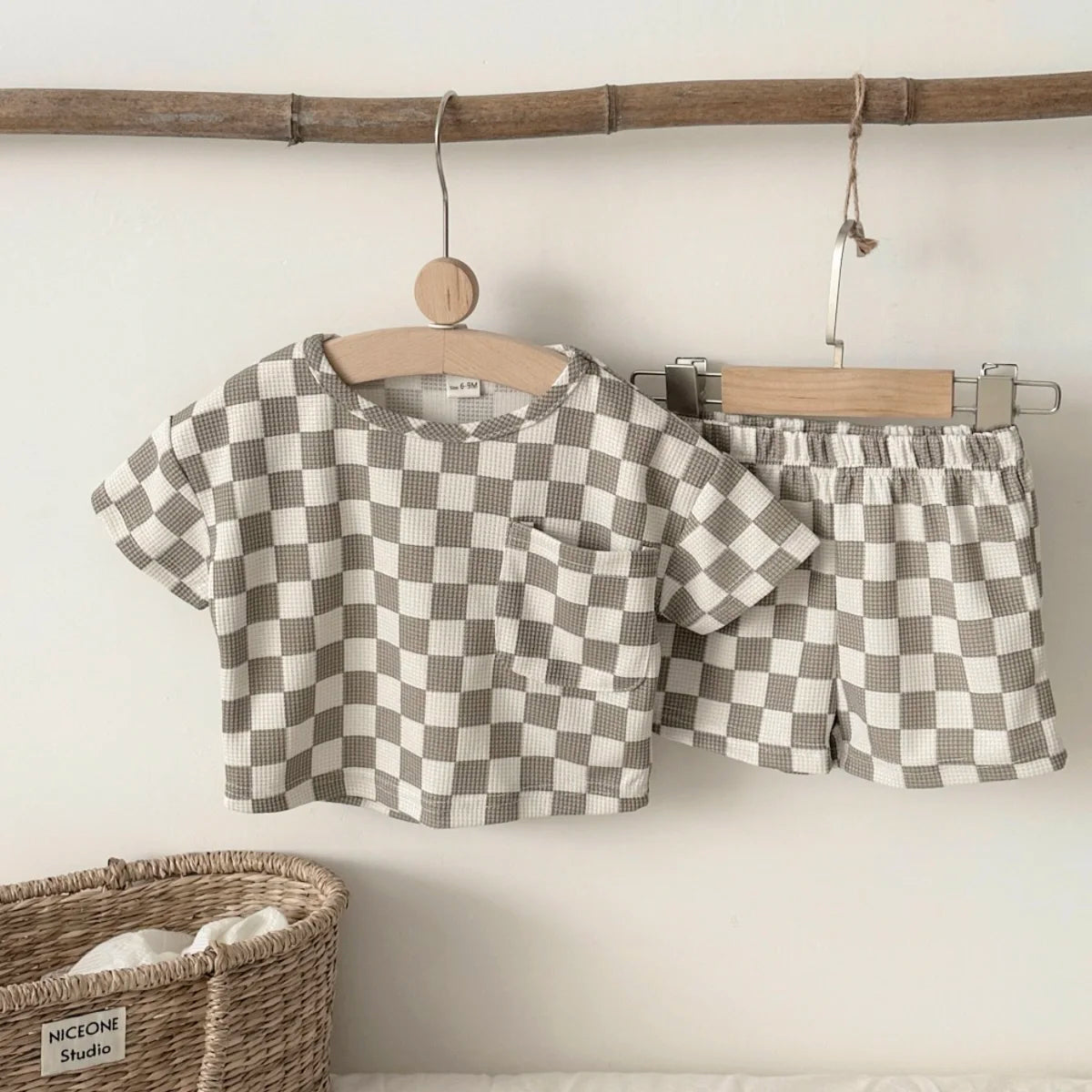 Toddler Checkered Outfit Set | Neutral Baby Summer T-Shirt & Shorts Set