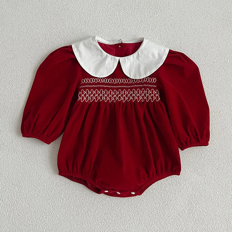 Vintage Red Velvet Baby Romper with White Collar – Holiday Baby Outfit | MGK & Co