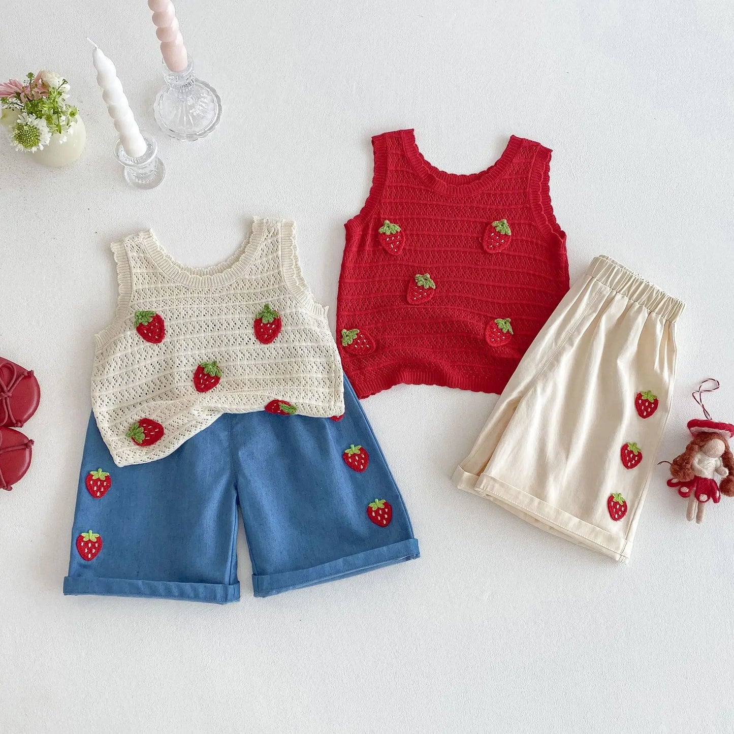 Toddler Strawberry Outfit Set | Knit Top & Shorts Summer Baby Clothes