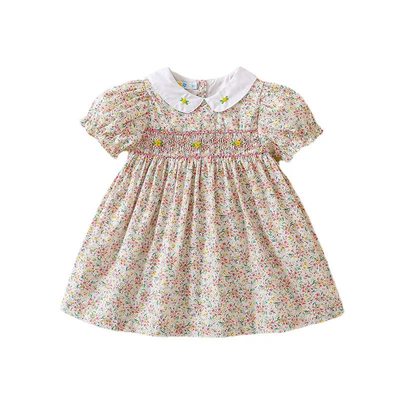 Baby Girl Floral Smocked Dress | Short Sleeve Peter Pan Collar Dress