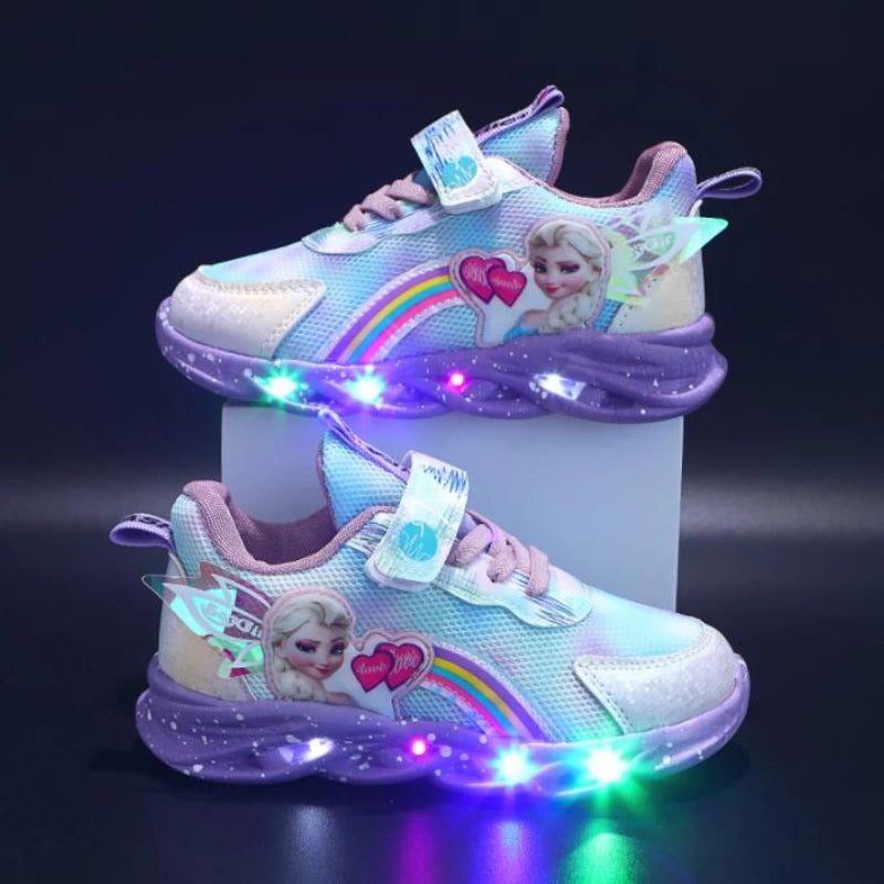 Princess LED Casual Sneakers Pink Purple For Spring Girls Princess Print Outdoor Shoes Children Lighted Non-slip Shoes