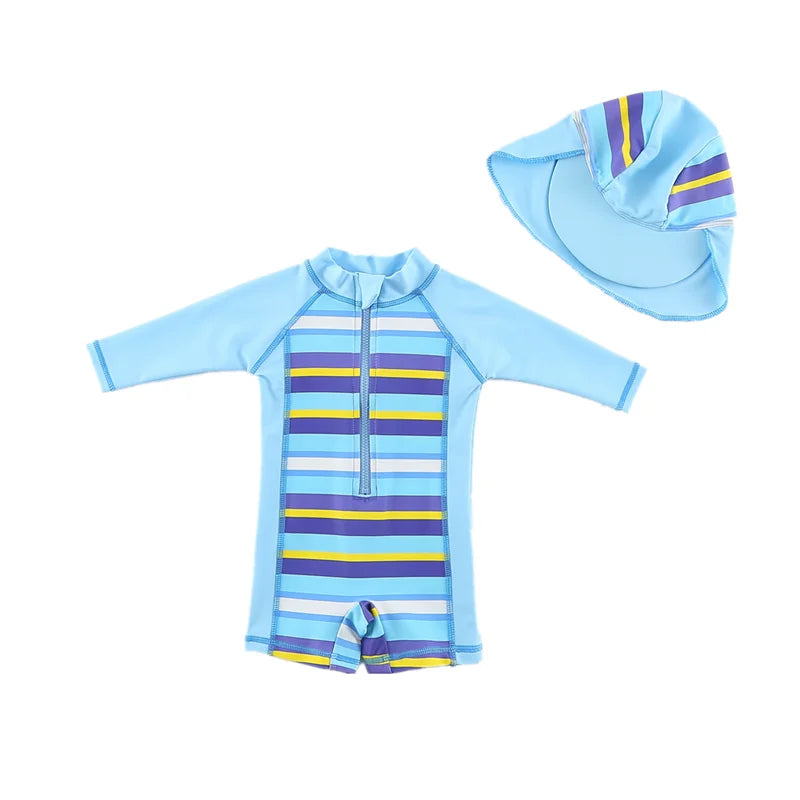 Baby Boy Swimsuit With Hat | UPF50+ Sun Protection Swimwear | Long Sleeve Beach & Pool Outfit