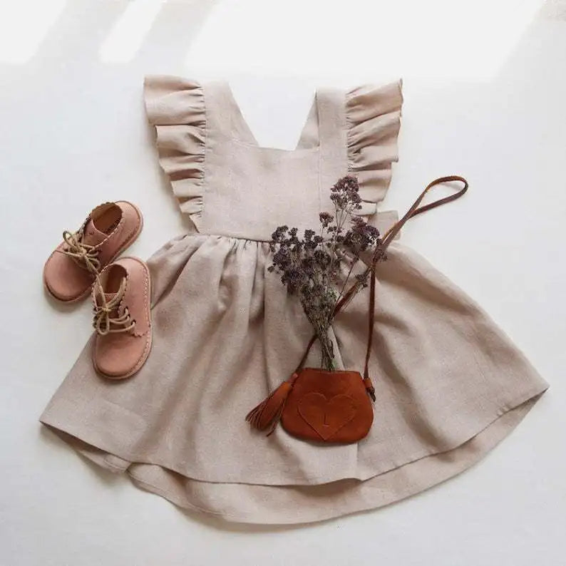 Baby Girl Ruffle Linen Dress | Sleeveless Summer Toddler Dress with Bow