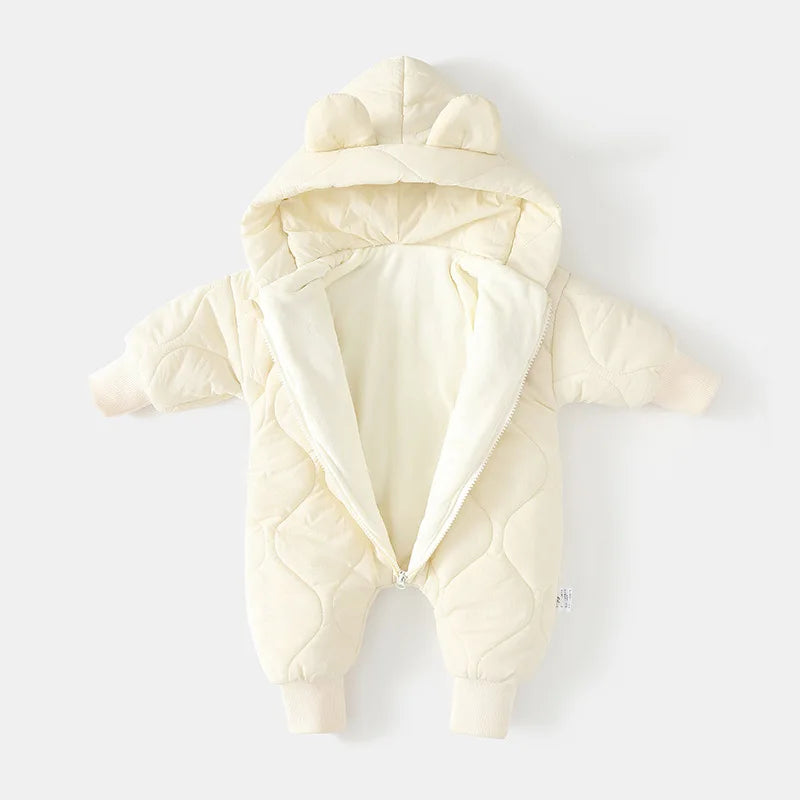 Winter Baby Bear Romper – Cozy Hooded Jumpsuit with Ears (Green, Brown & White)