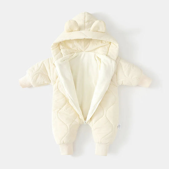 Winter Baby Bear Romper – Cozy Hooded Jumpsuit with Ears (Green, Brown & White)