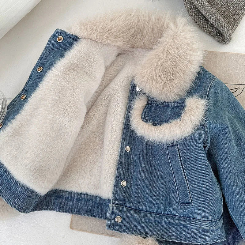 Retro Denim Faux Fur Kids Set | Autumn 2-Piece Jacket & Skirt Outfit