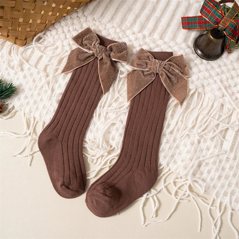 Velvet Bow Knee-High Socks for Baby Girls – Holiday & Everyday Outfit Accessory | MGK & Co