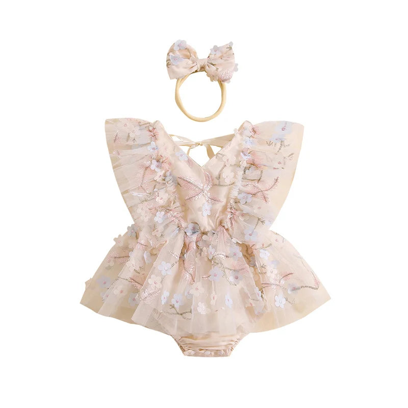 Baby Girl Floral Tulle Romper with Bow | Newborn Toddler Princess Outfit