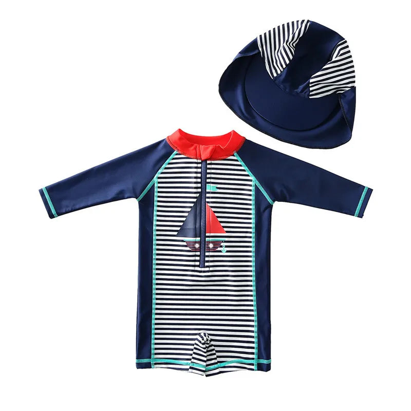 Baby Boy Swimsuit With Hat | UPF50+ Sun Protection Swimwear | Long Sleeve Beach & Pool Outfit