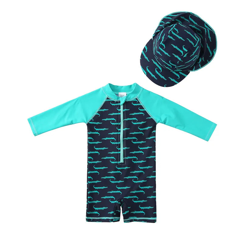 Baby Boy Swimsuit With Hat | UPF50+ Sun Protection Swimwear | Long Sleeve Beach & Pool Outfit