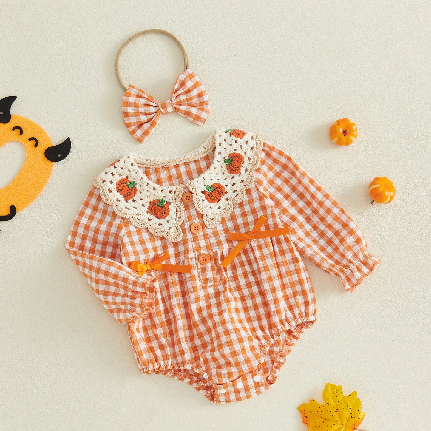 Pumpkin Gingham Baby Romper with Crochet Collar & Matching Bow Headband