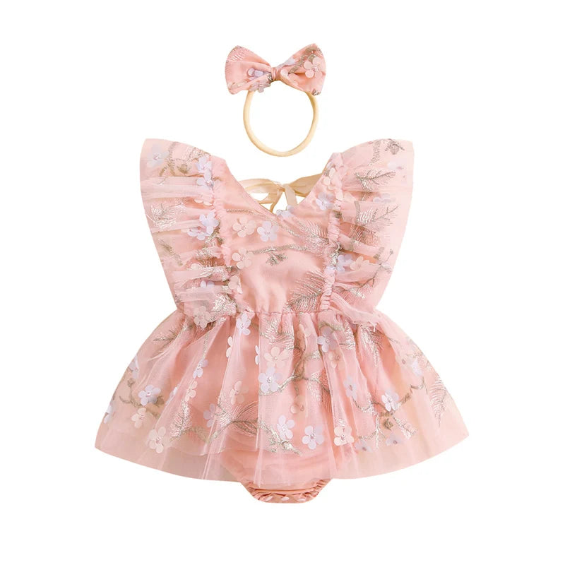 Baby Girl Floral Tulle Romper with Bow | Newborn Toddler Princess Outfit