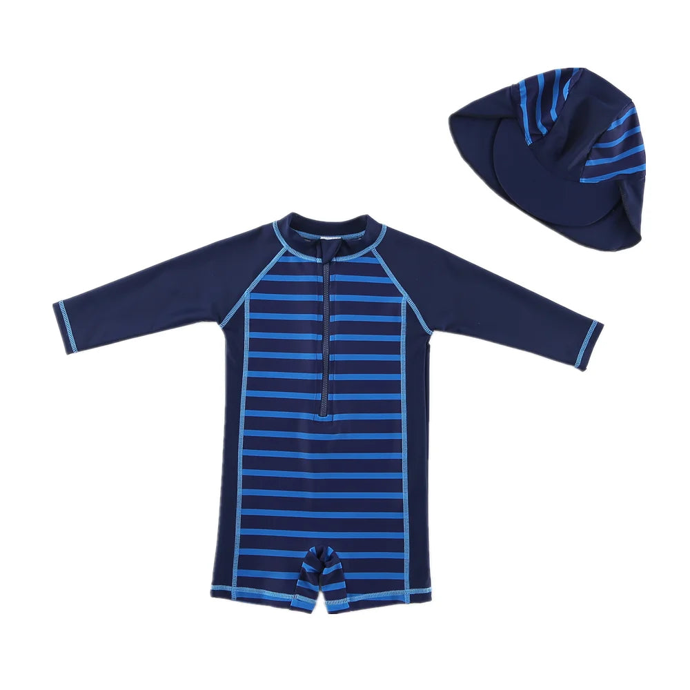 Baby Boy Swimsuit With Hat | UPF50+ Sun Protection Swimwear | Long Sleeve Beach & Pool Outfit