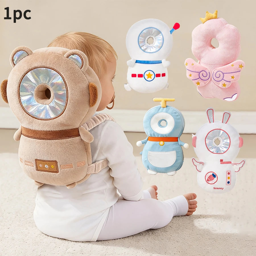 Soft baby head protection pillow backpack with adjustable straps and cute cartoon designs for crawling and early walking.