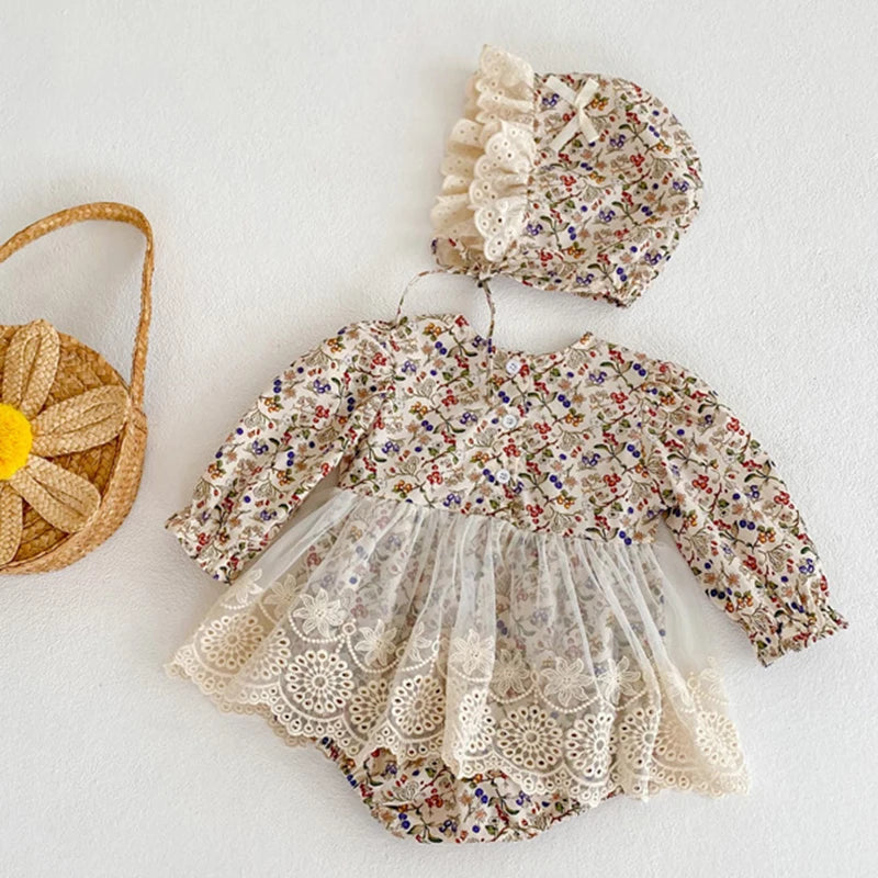 Toddler Baby Girl Floral Romper with Hat | Long Sleeve Cotton Lace Outfit