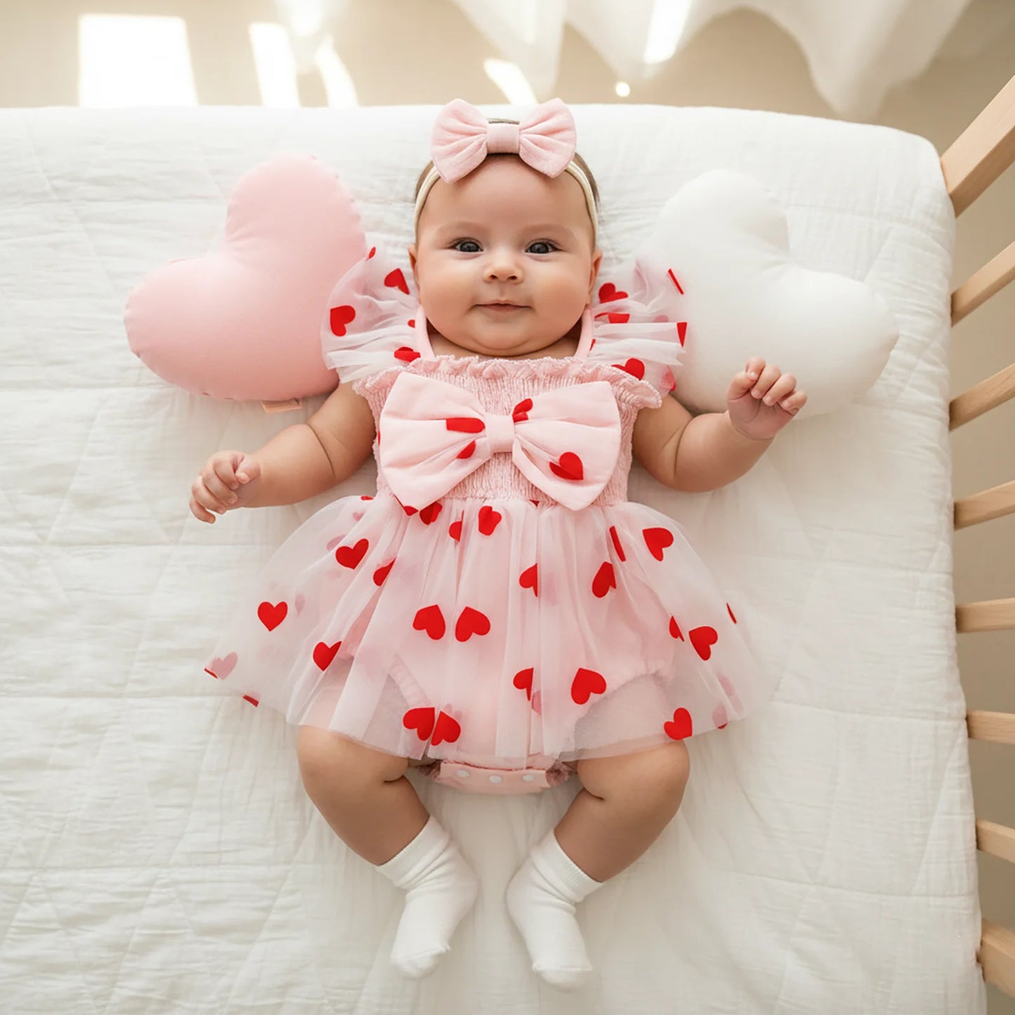 Baby in a pink outfit with red hearts lying on a white surface
