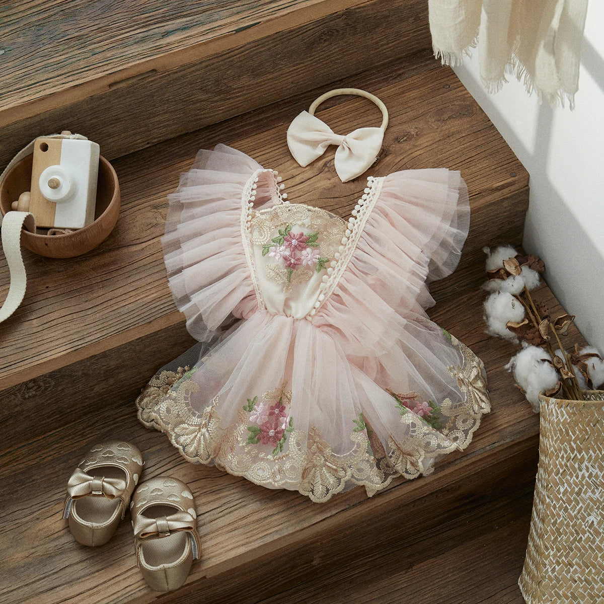 Baby Girl Princess Dress Romper | Lace Tulle Embroidery Outfit with Headband