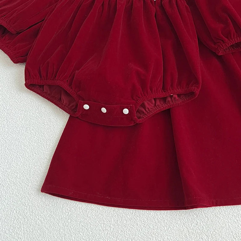 Vintage Red Velvet Baby Romper with White Collar – Holiday Baby Outfit | MGK & Co