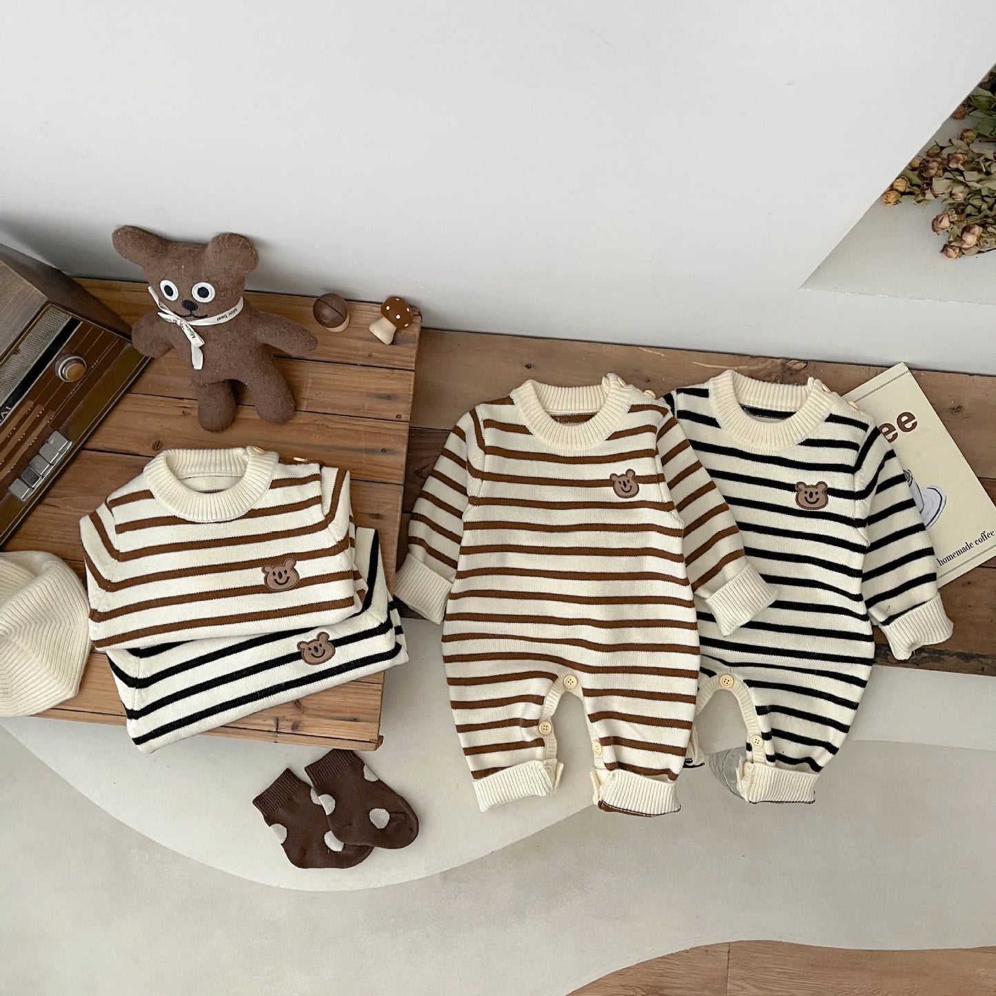 Baby striped embroidered teddy bear jumpsuit