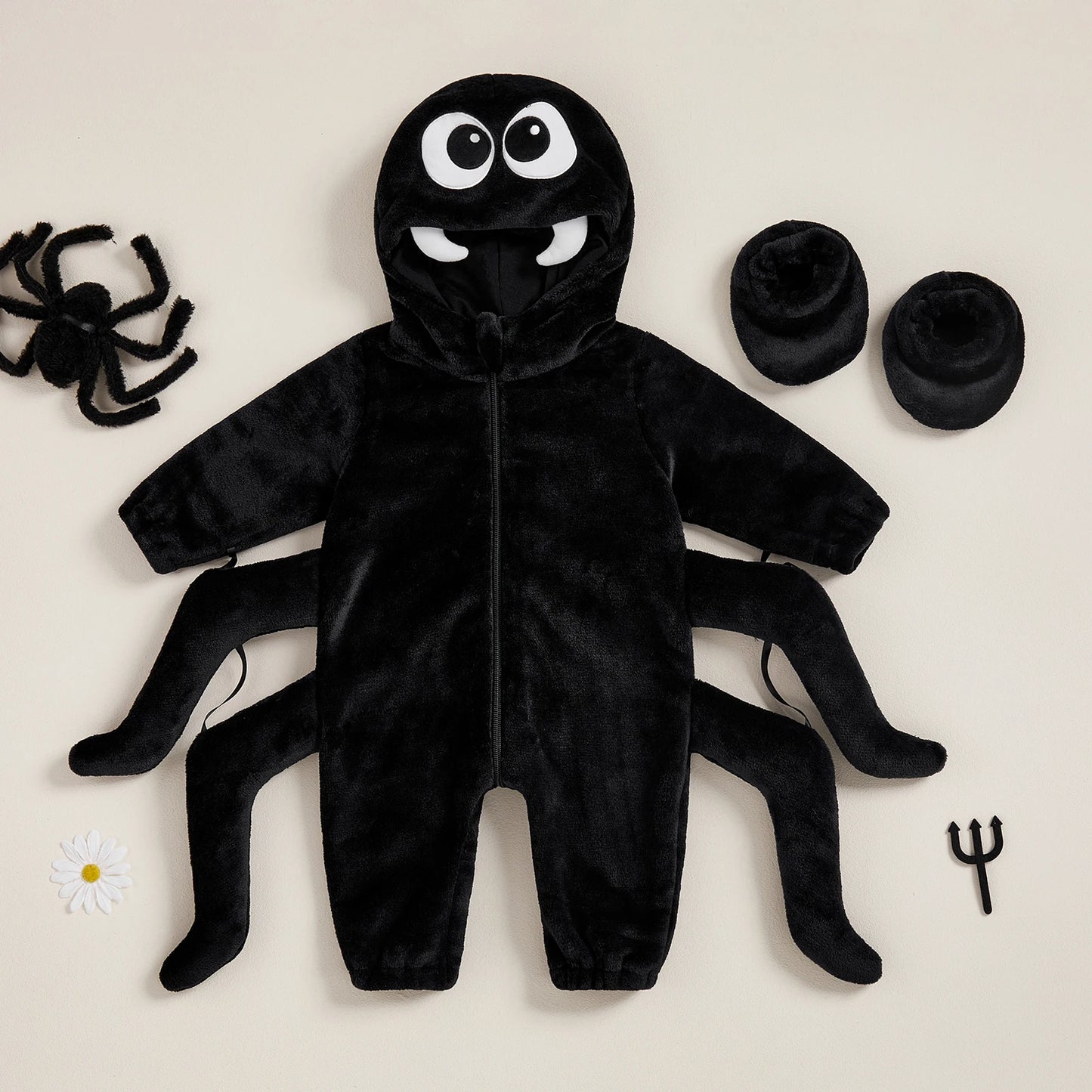 Halloween Baby Spider Creative Halloween Zipper Up Hooded Jumpsuit with Foot Cover ups