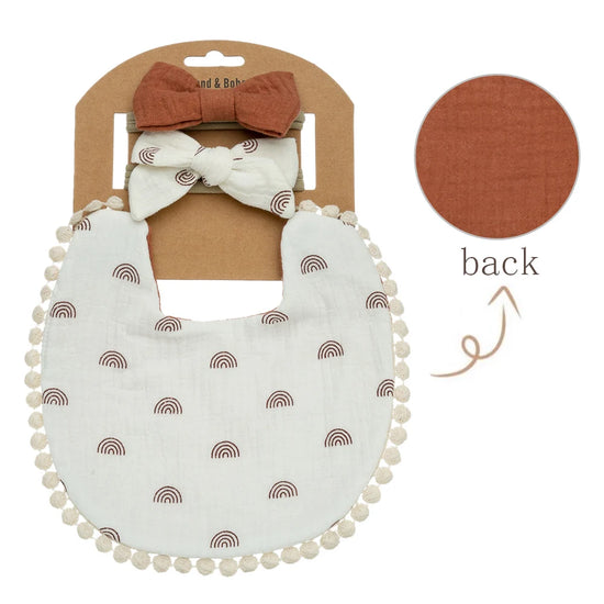 3-Piece Baby Bib & Bow Set – Reversible Cotton Bib with 2 Matching Headbands