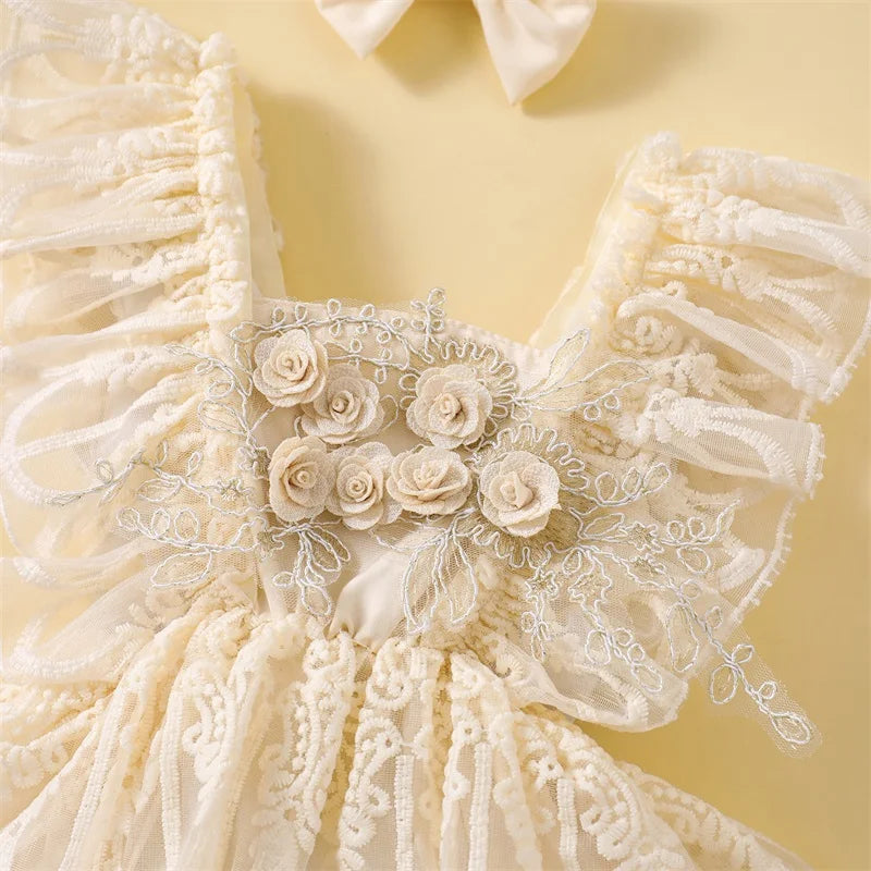 Baby Girl Lace Romper Dress Ivory | Floral Tulle Princess Outfit