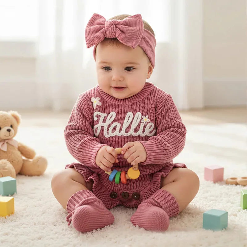 Personalized Baby Knit Sweater Romper Set with Name | Custom Newborn Outfit
