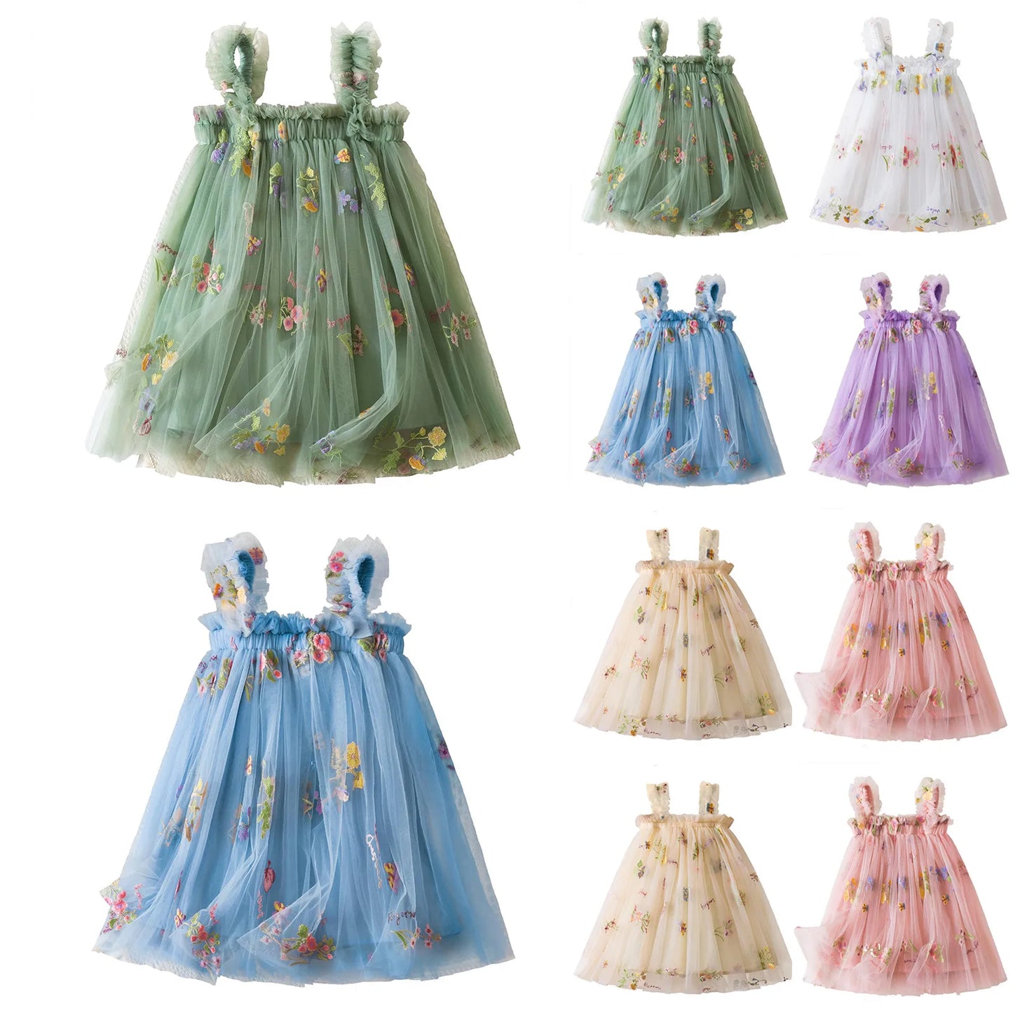 Collection of colorful children's dresses with floral patterns on a white background