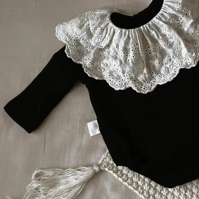 Baby Girl Black Lace Romper Set | Vintage Collar Outfit | Newborn Toddler Bodysuit with Knee High Socks