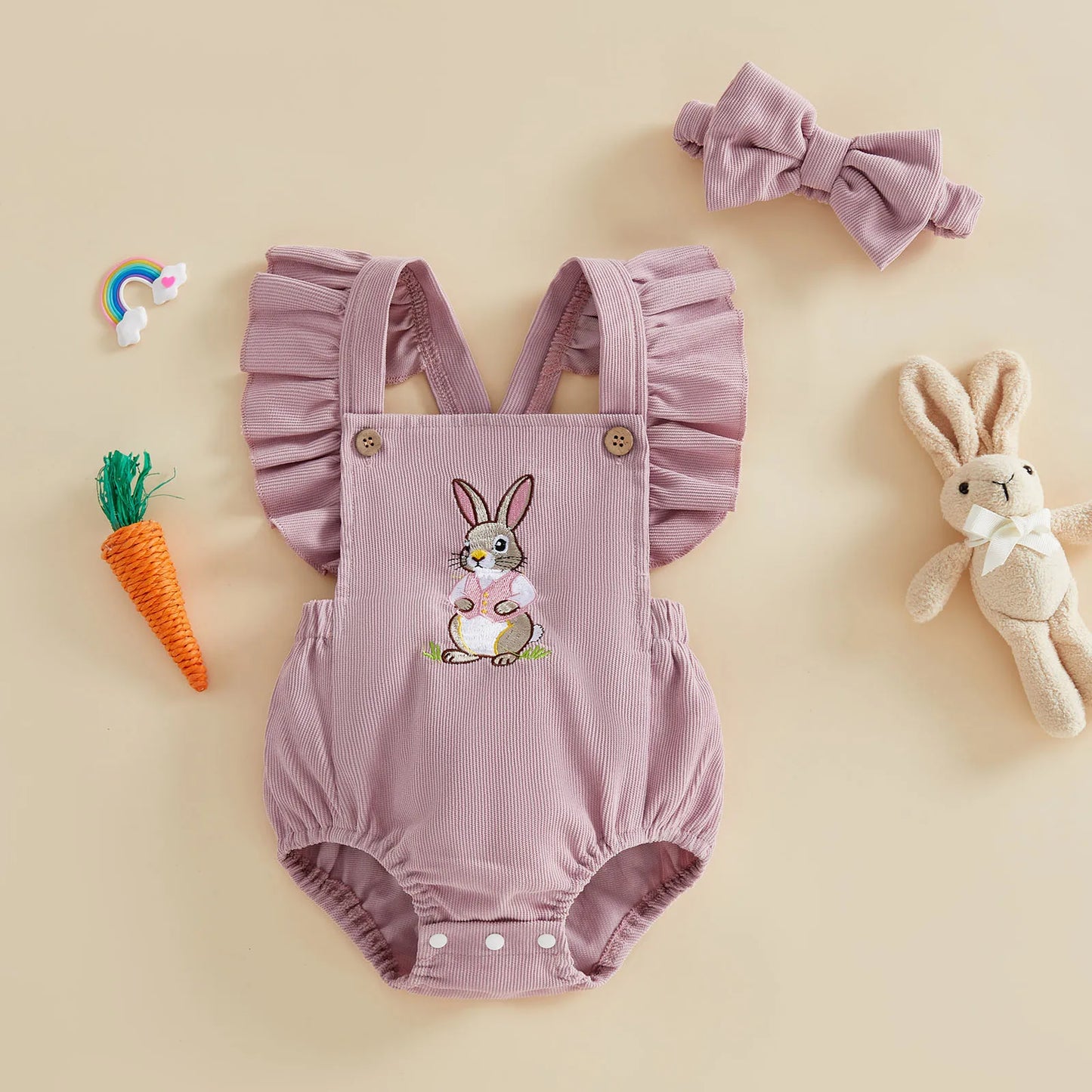 Pelele de Conejita de Pascua para Bebé Niña con Diadema | Traje de Bebé con Bordado de Conejito y Manga de Volantes | Mono de Primavera para Recién Nacido